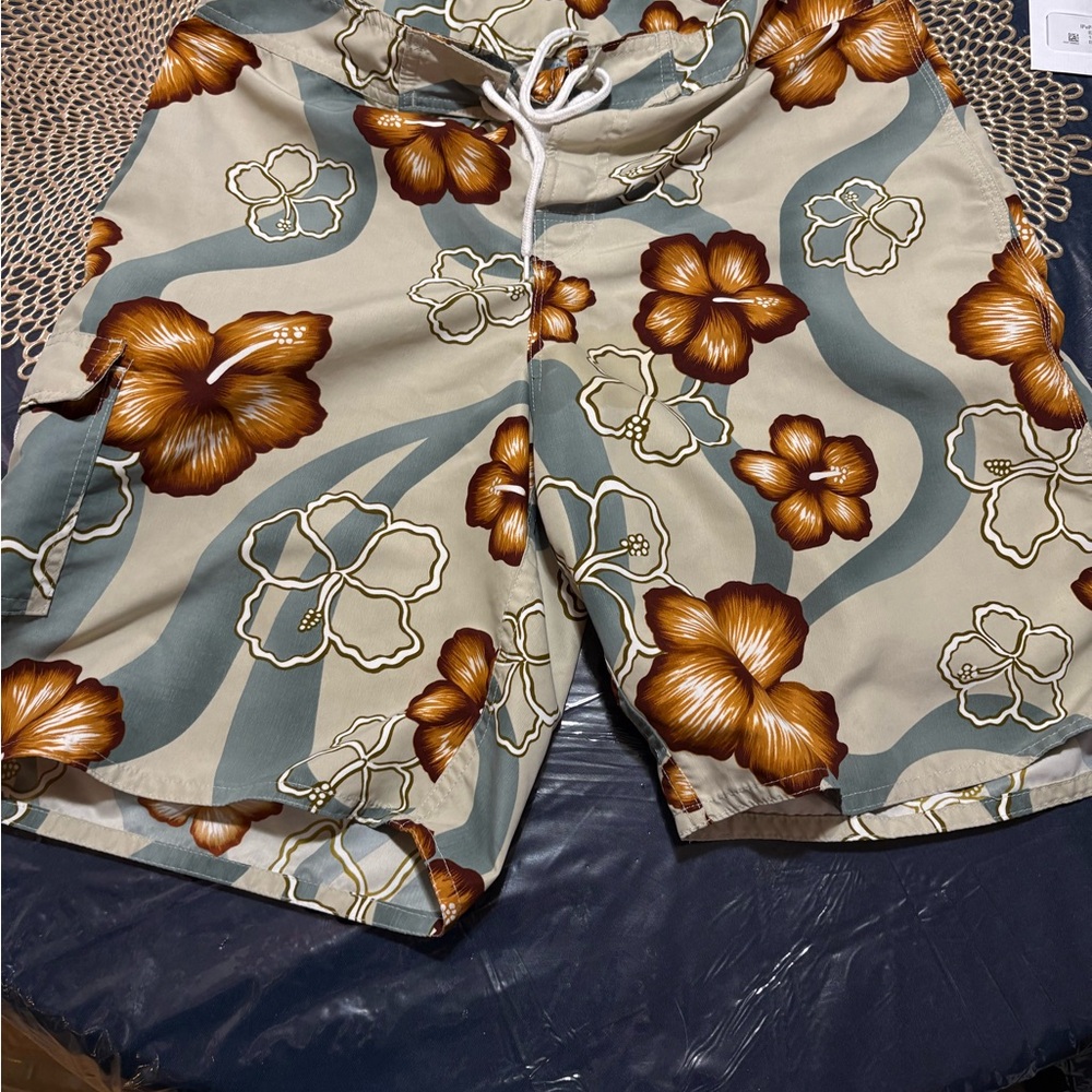 Men's Floral Board Shorts in Beige with Brown Floral Print
